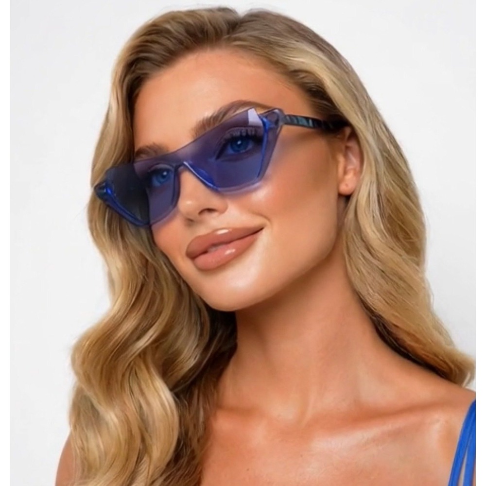 Womens Blue Rimless‎ Cat Eye Sunglasses Geometric Shield Marbled Tortoise Arms